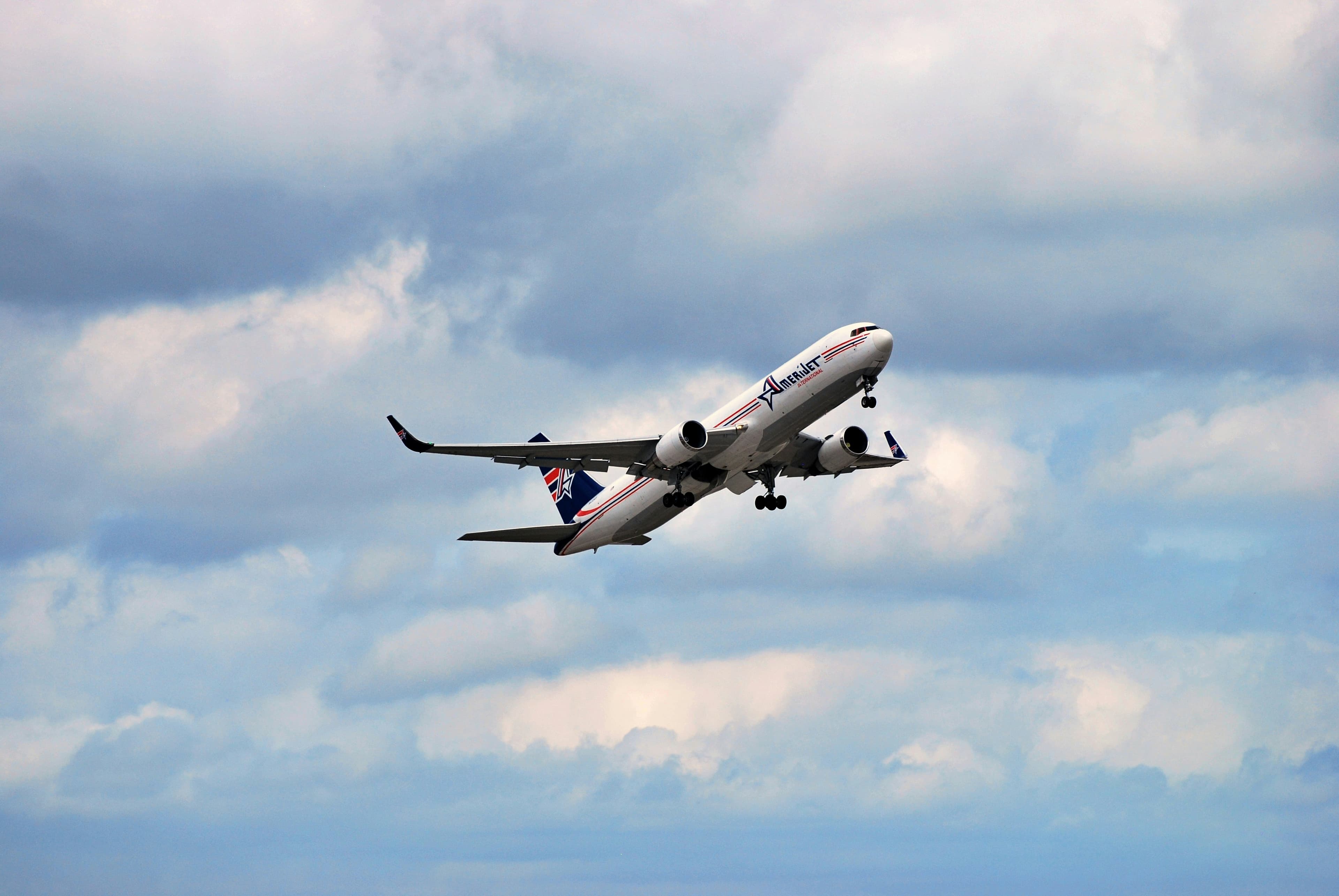 Cargo airplane flying in the sky representing fast air freight transportation